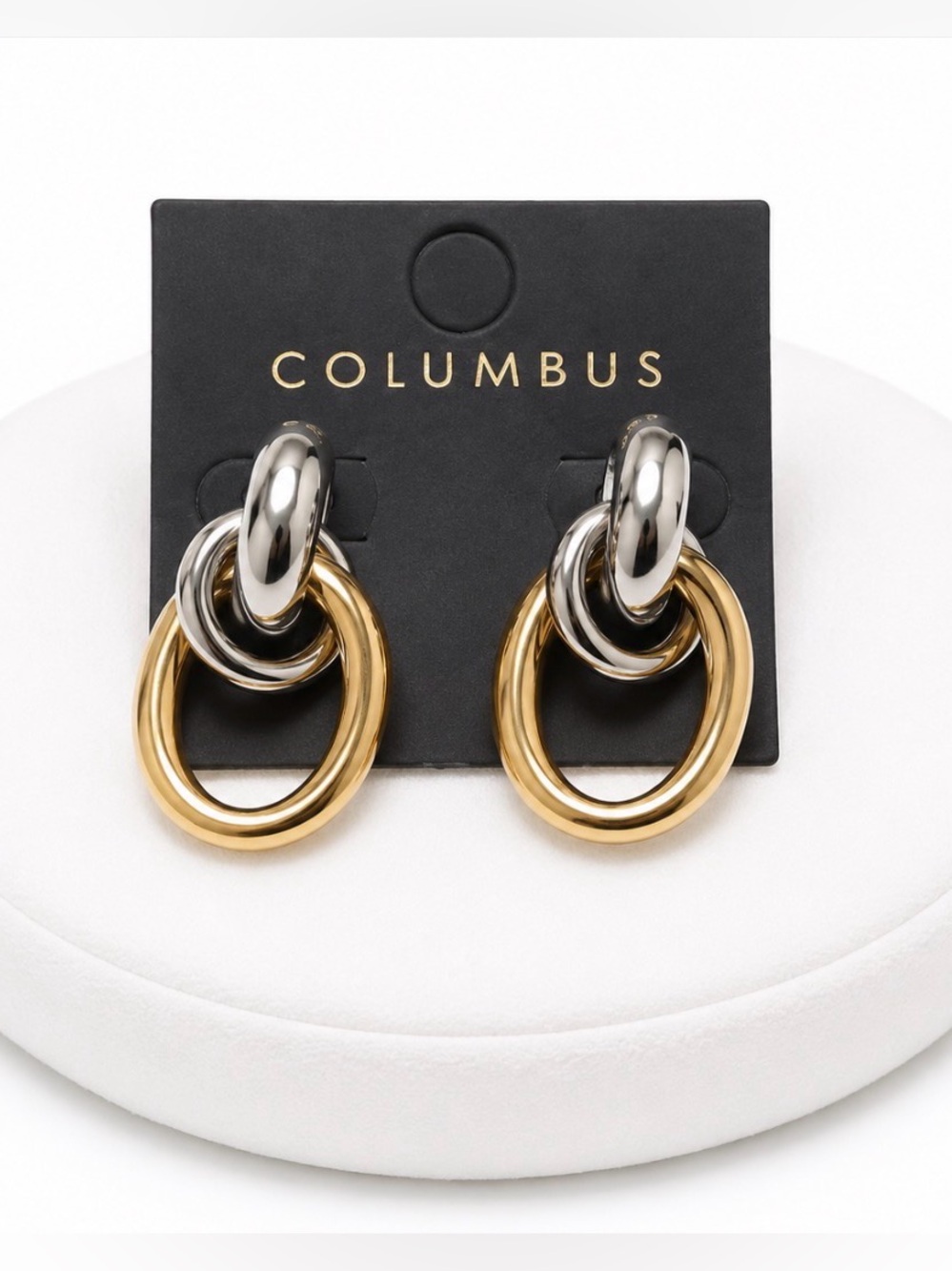 Columbus Gold & Gunmetal Double Link Drop Interlocking Earrings | Two-Tone | New